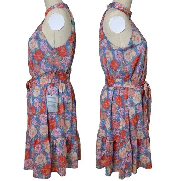 NEW Lush Floral Halter Neck Tie Waist Mini Dress - Picture 6 of 17